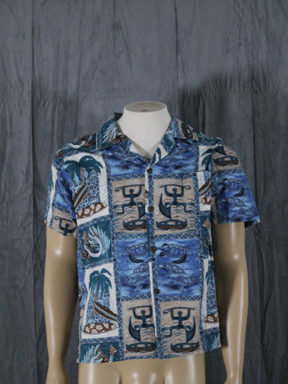 Vintage Hawaiian Shirt - Box Tribal Pattern Boating Theme - Men's Medium